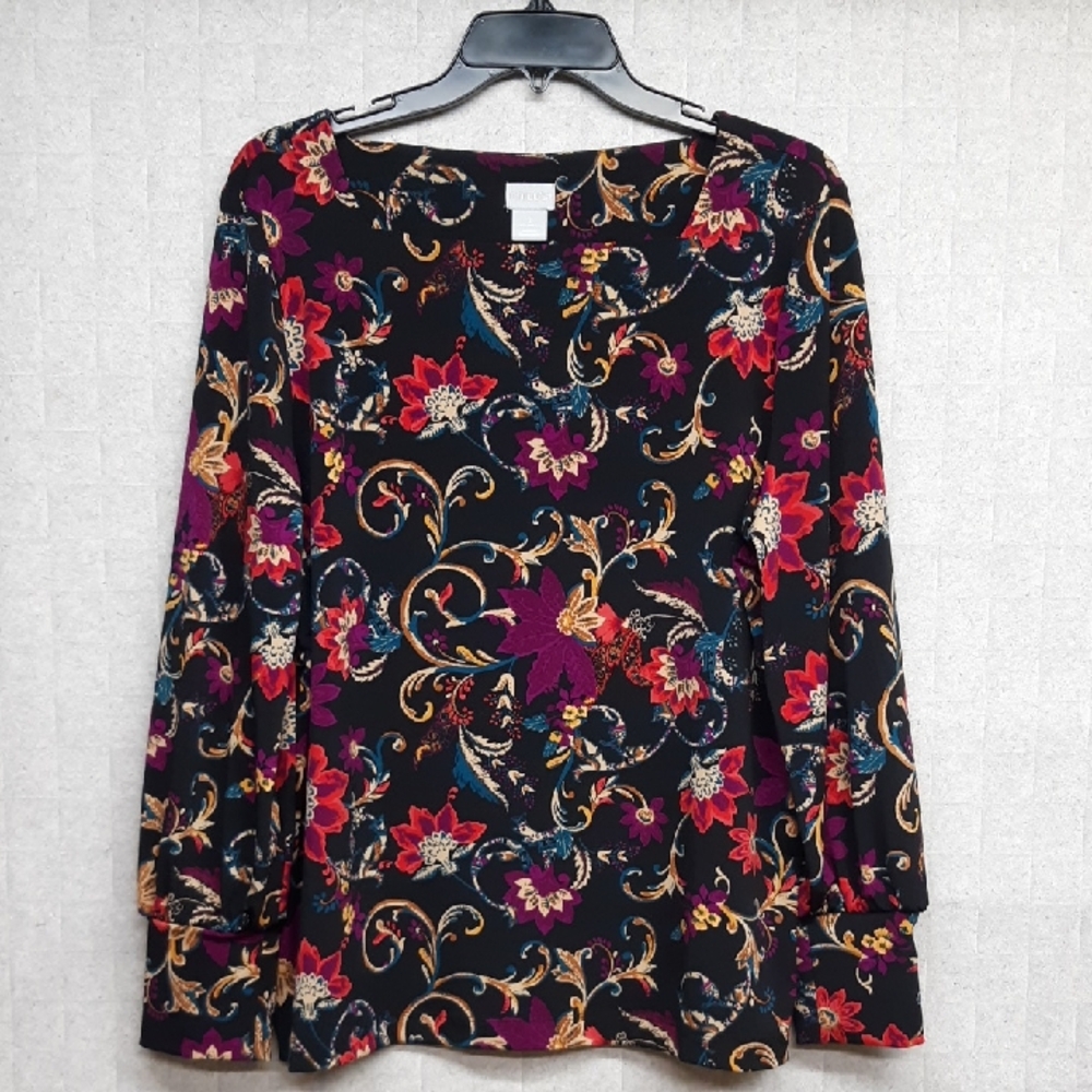 Chico's Black Multicolor Print Square Neck Blouse